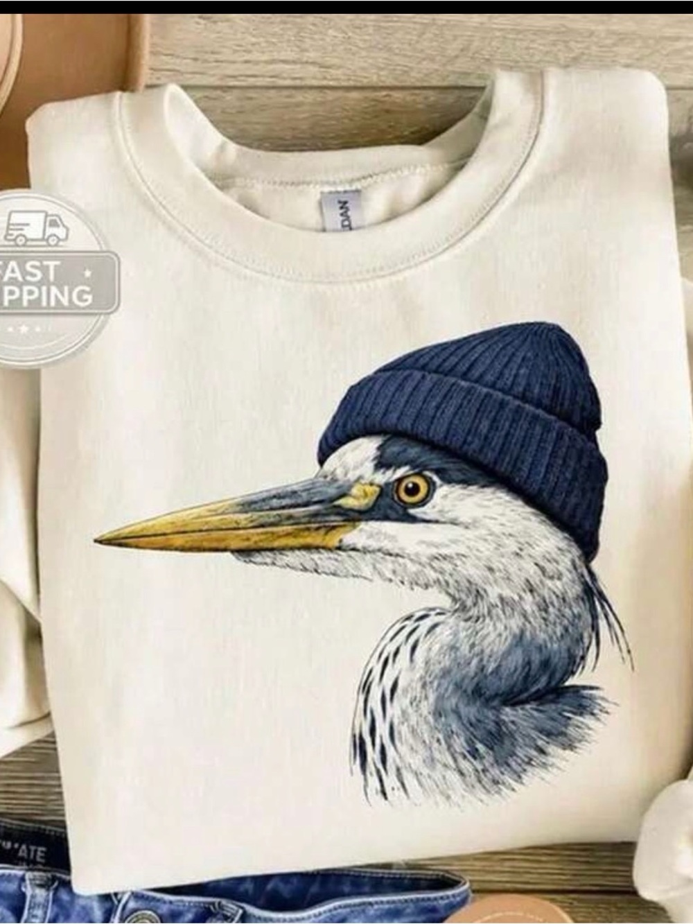 White Crewneck Sweatshirt with Blue Heron Illustration